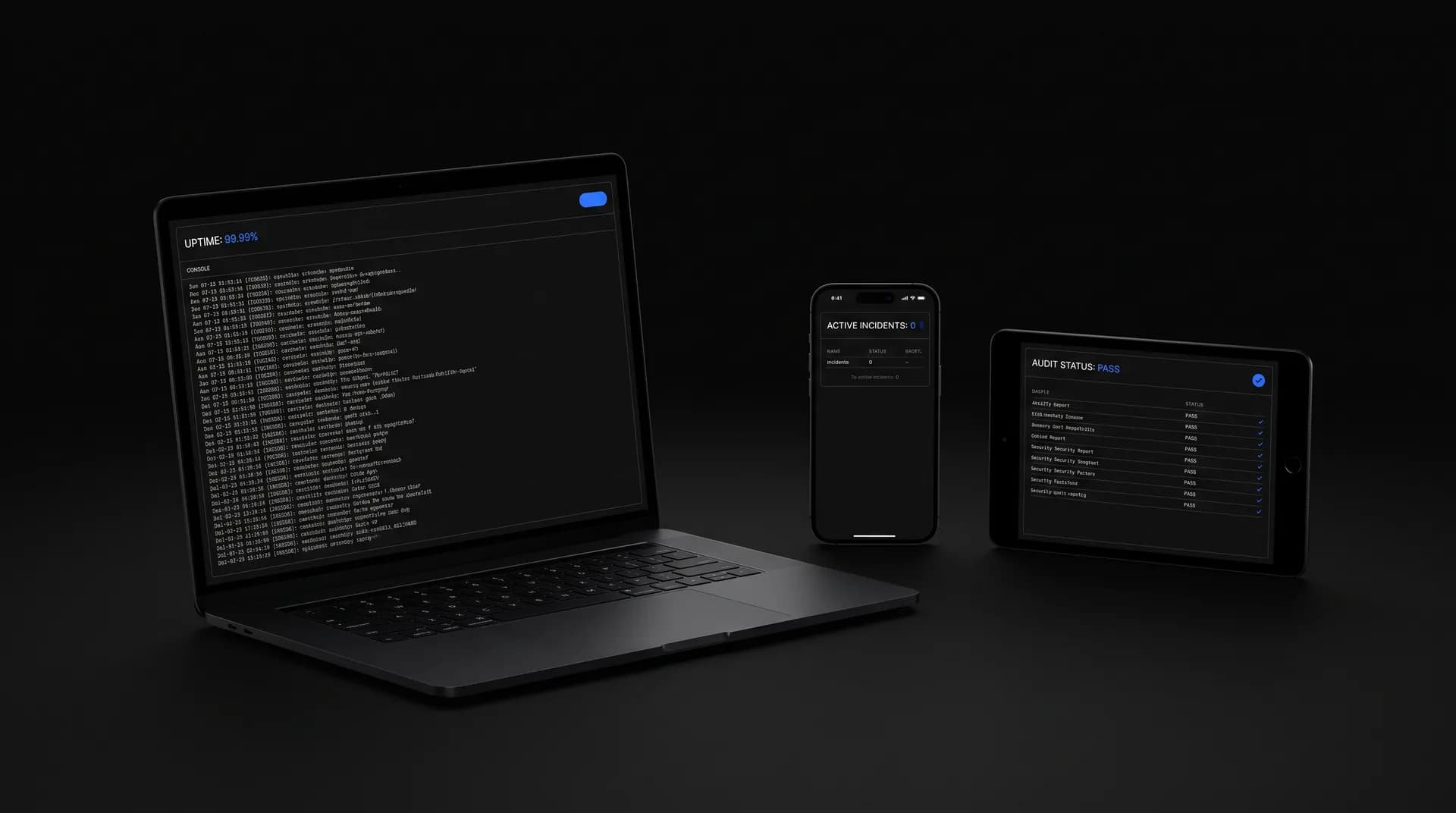 Uptime console, mobile app and security report running the same dark interface language